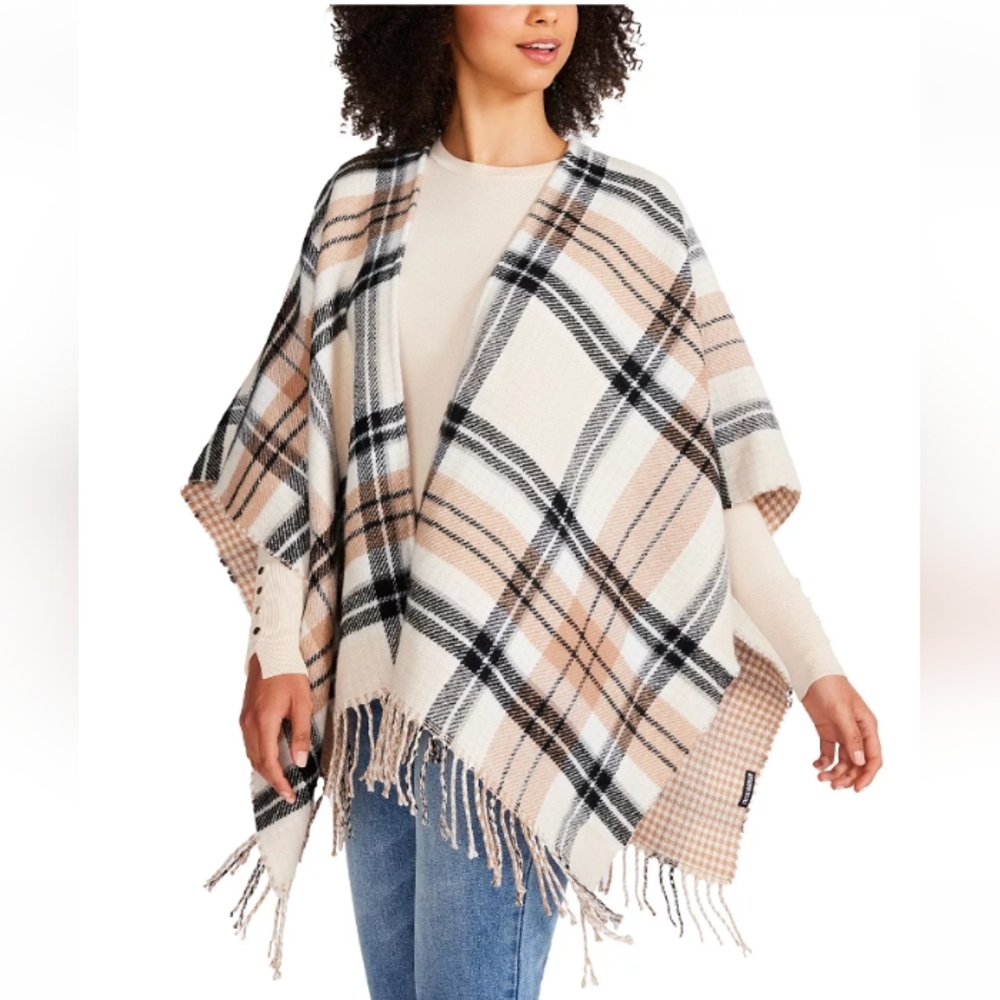 🆕 Steve Madden | Reversible Black & Tan Houndstooth & Plaid Topper Wrap OSFM - Picture 1 of 10